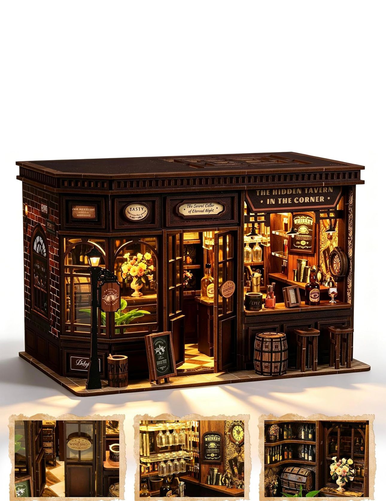 Corner Tavern miniature house with detailed glowing interior